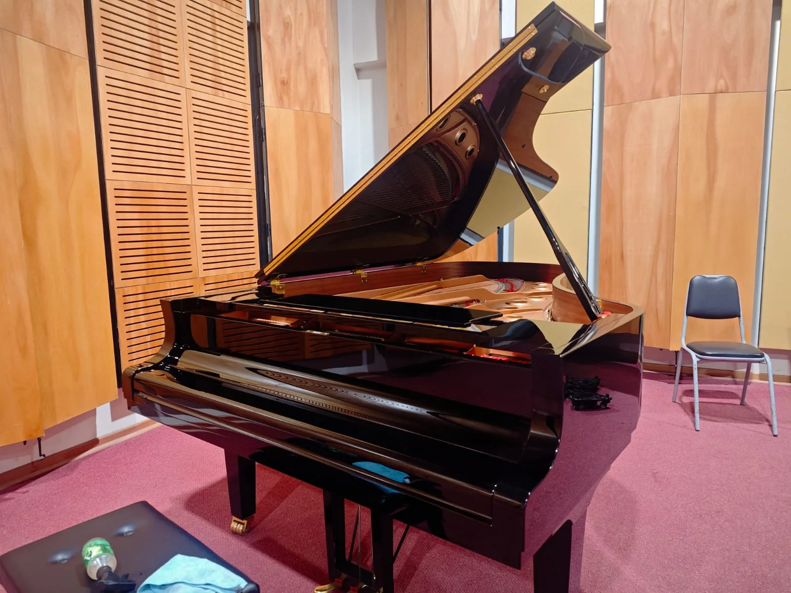 Limpieza y mantención de piano de cola | tecnicopiano.cl Mantención y limpieza de piano de cola negro con productos profesionales — tecnicopiano.cl