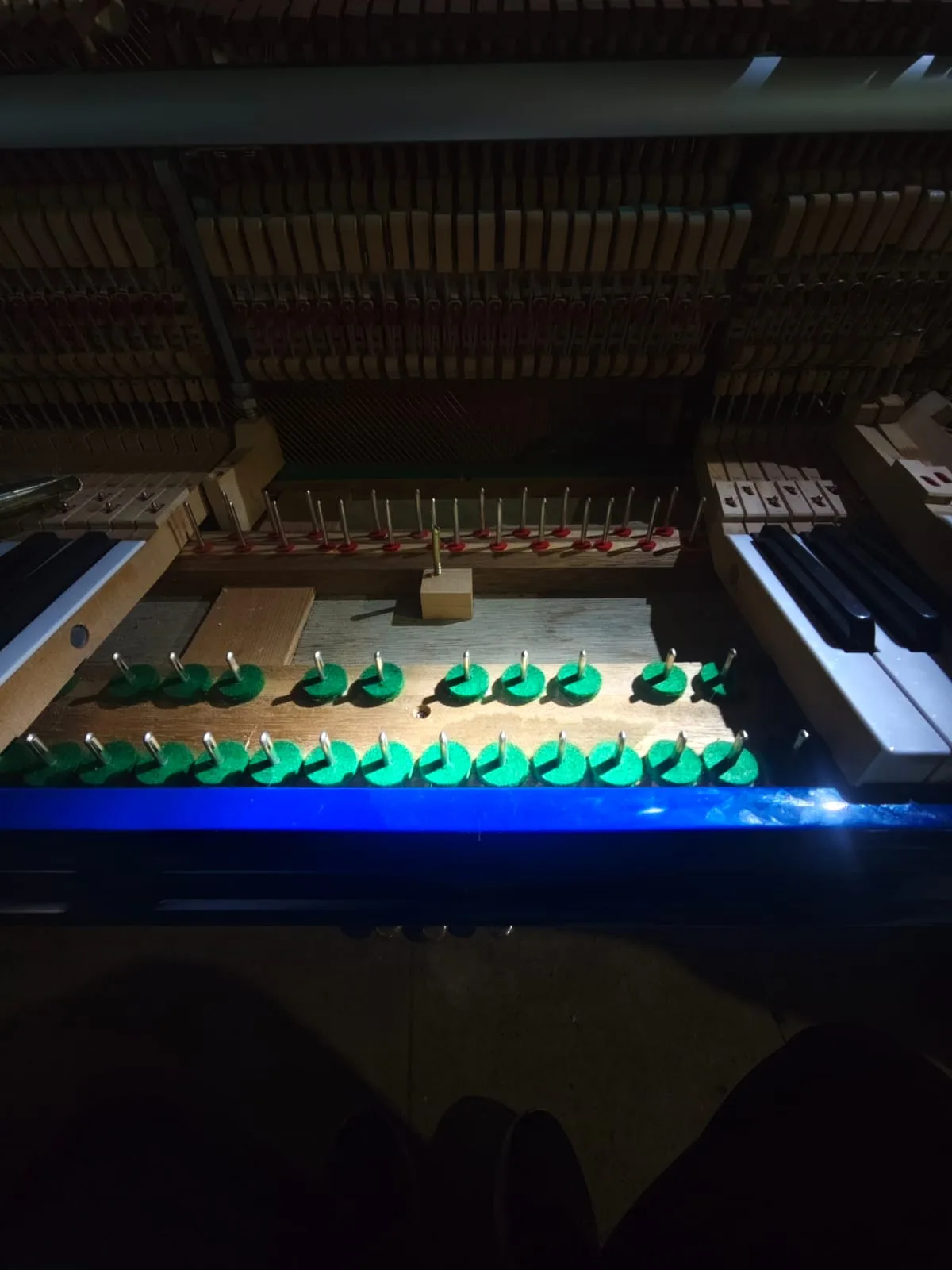 Regulación de teclado piano vertical azul | tecnicopiano.cl Regulación del teclado de piano vertical azul con pines y fieltros expuestos — tecnicopiano.cl