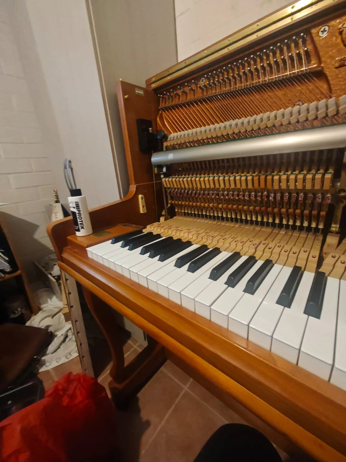 Lubricación profesional del action de piano | tecnicopiano.cl Lubricación del mecanismo interno de piano vertical con Protek — tecnicopiano.cl